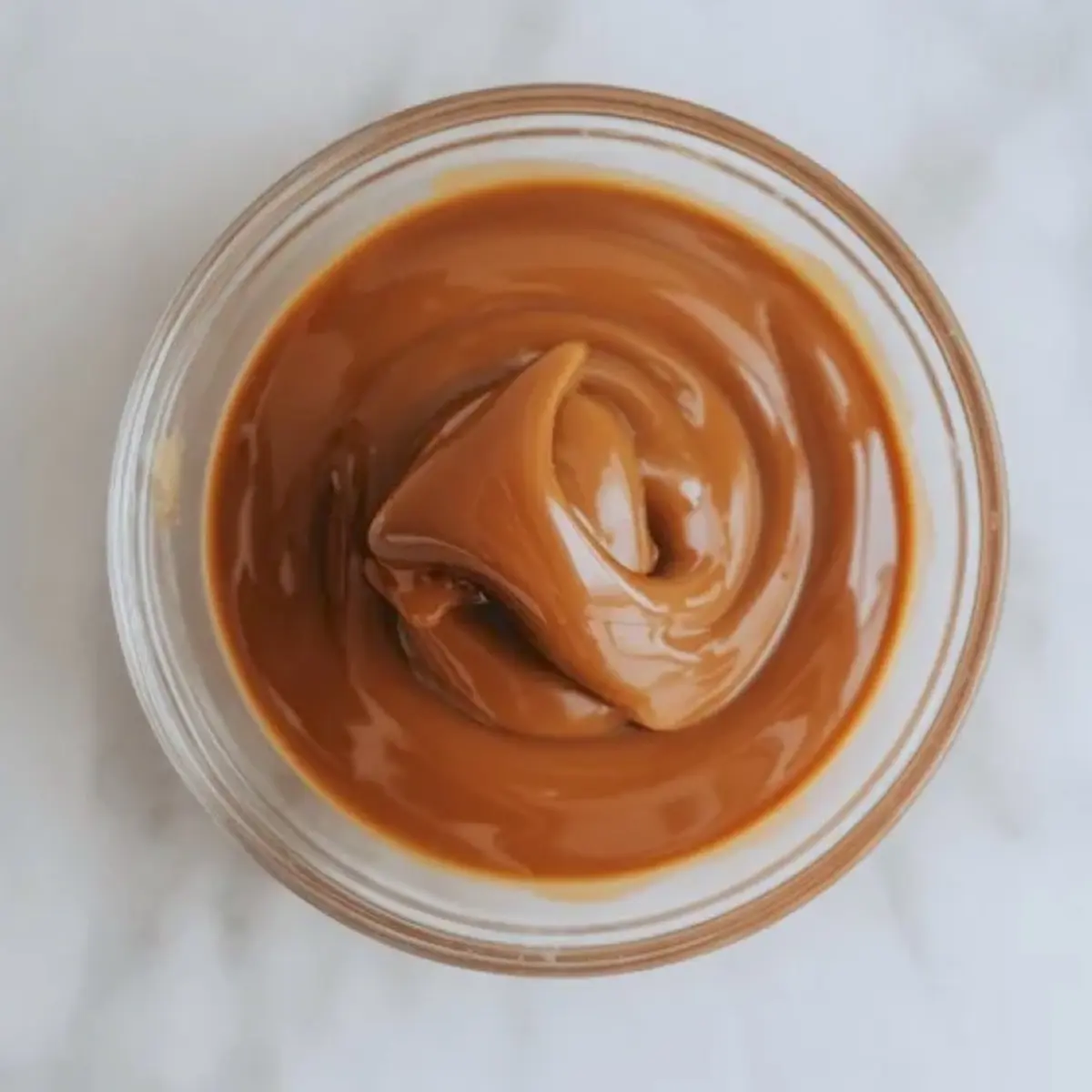 A glass bowl is filled with creamy, smooth dulce de leche caramel sauce, swirled into a glossy mound on a white marble background.