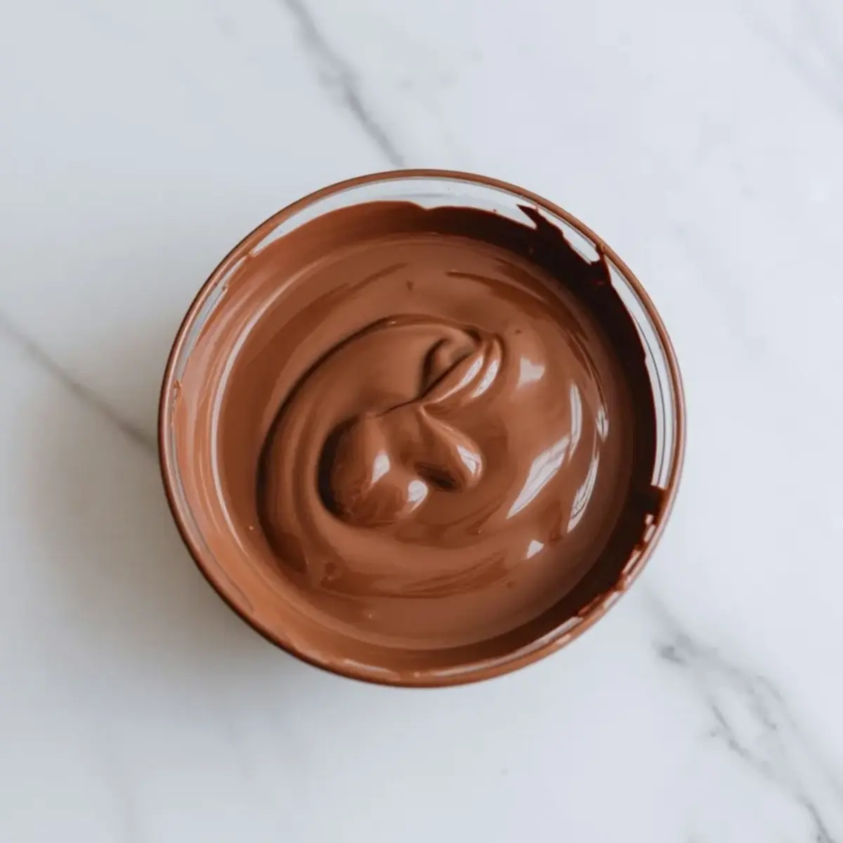 A bowl of melted milk chocolate sits on a marble countertop, its glossy surface forming smooth, rich swirls.