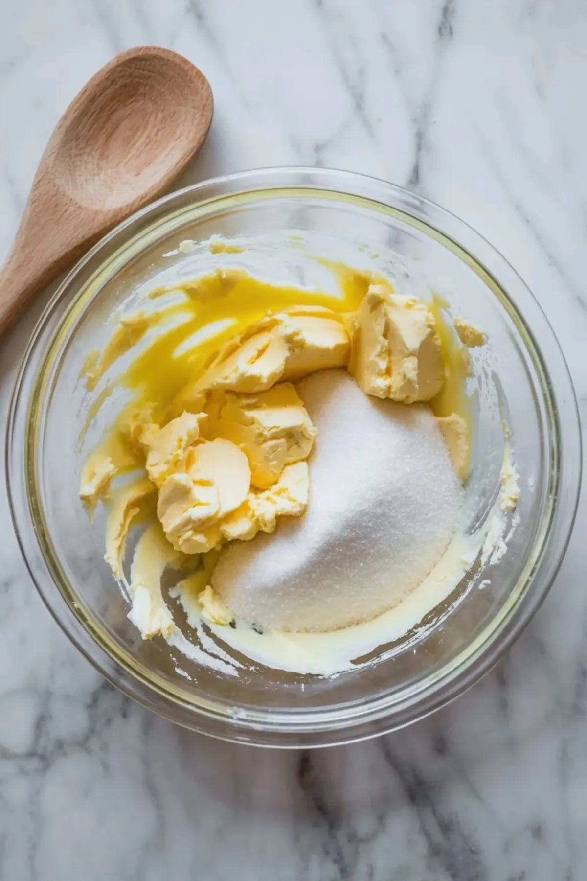 Softened butter and white sugar sit in a glass mixing bowl, partially mixed with streaks of yellow, ready for creaming to start the cookie dough.