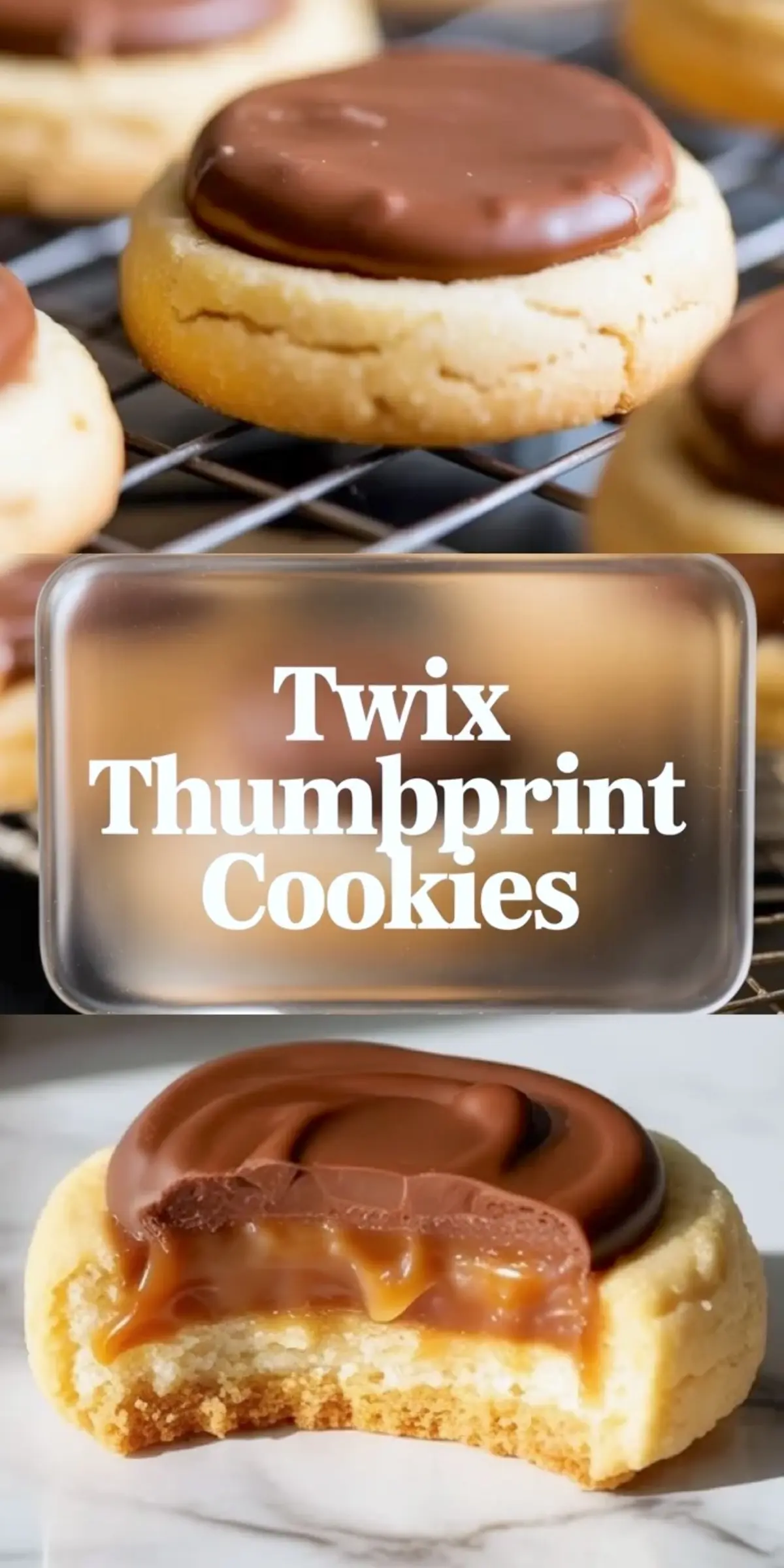 This vertical collage showcases Twix thumbprint cookies with a close-up on a wire rack, a central “Twix Thumbprint Cookies” title, and a bottom image showing a bitten cookie revealing caramel filling under a chocolate layer.