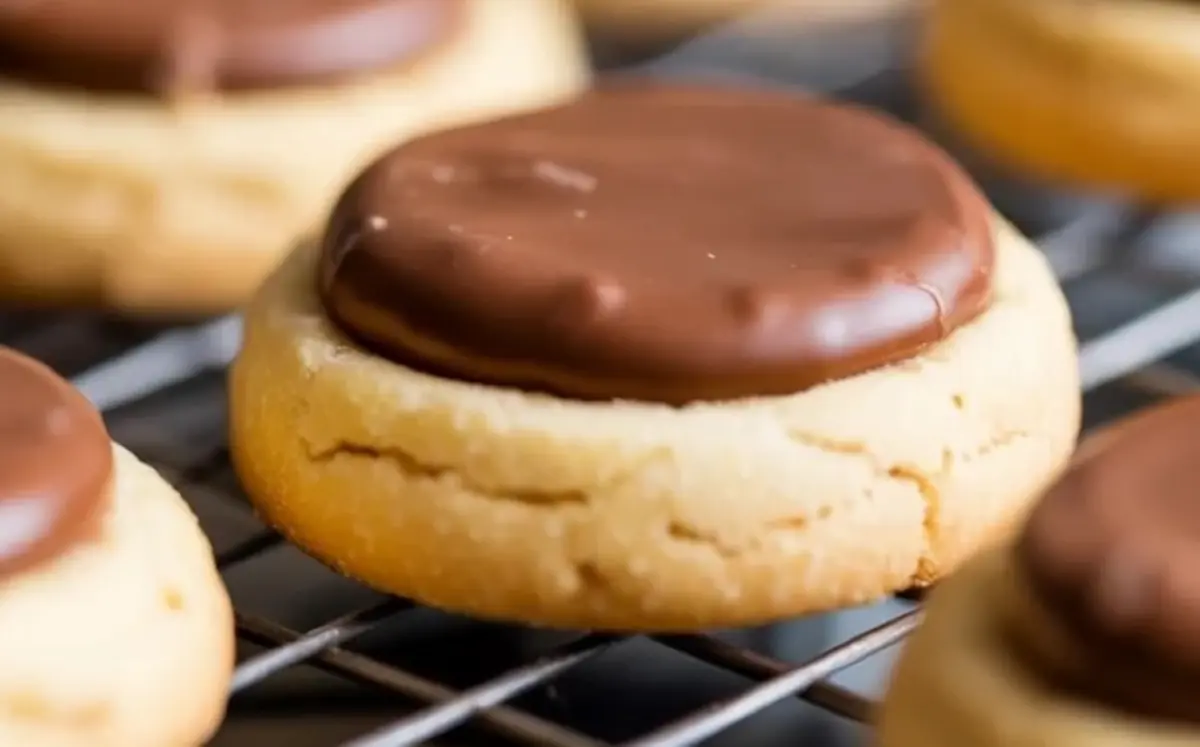A Twix thumbprint cookie rests on a wire rack, its buttery shortbread base topped with a smooth milk chocolate disc.