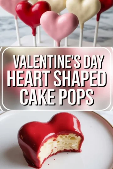 Heart-shaped cake pops in red, pink, and ivory candy coating displayed on sticks over a marble background. The lower section features a bitten red heart cake pop showing a fluffy vanilla cake interior on a white plate.