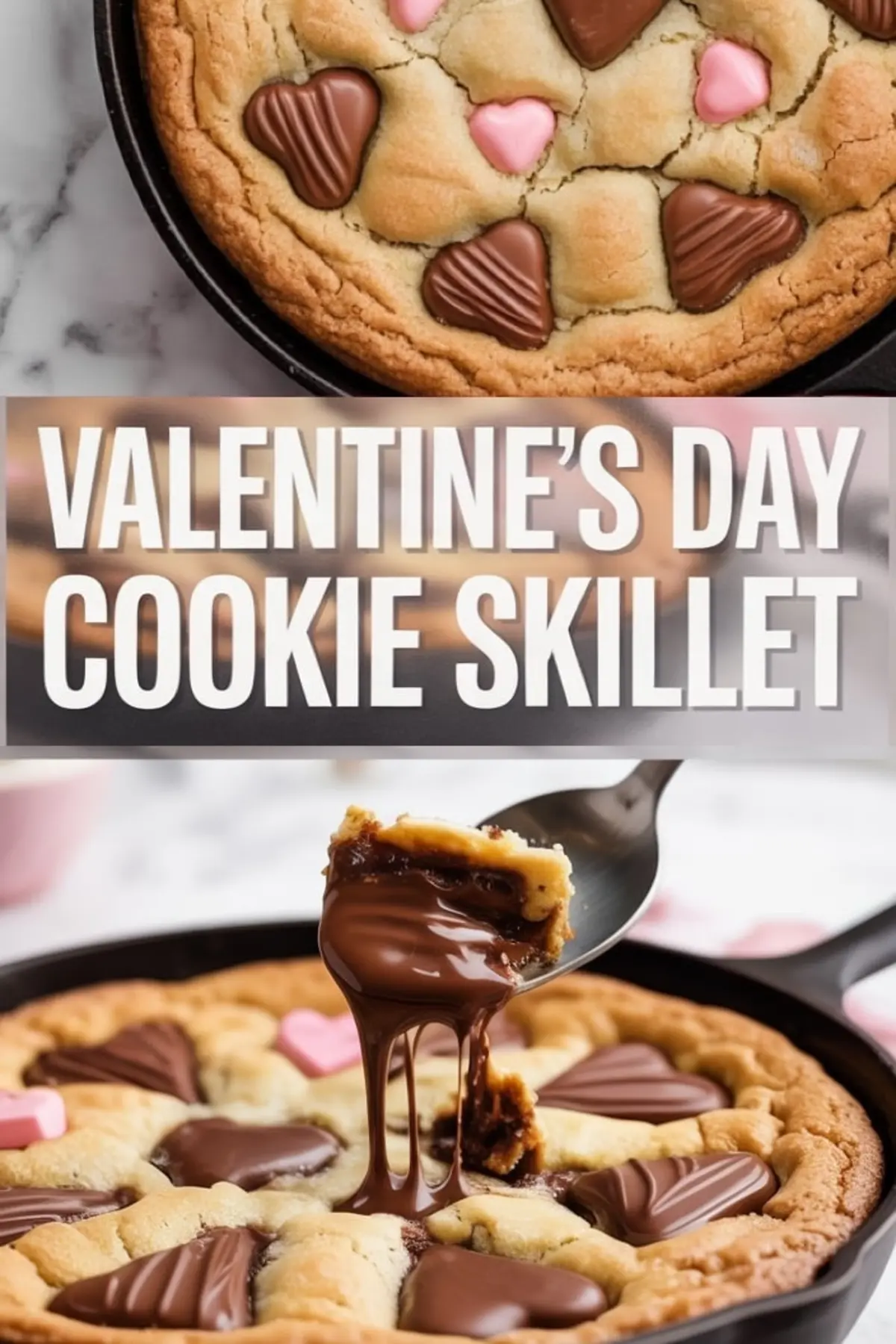Valentine’s Day cookie skillet baked in a cast iron pan, topped with heart-shaped chocolates in pink and milk chocolate, with one image showing a gooey melted chocolate center being scooped out, ideal for festive dessert pins and romantic baking ideas.
