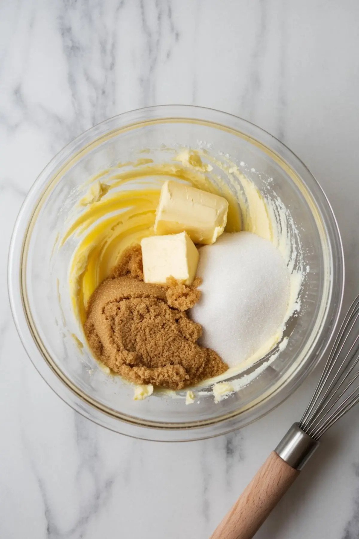 Glass bowl containing softened butter, brown sugar, and granulated sugar on a marble countertop with a whisk beside it, capturing the creaming stage for cookie skillet preparation.
