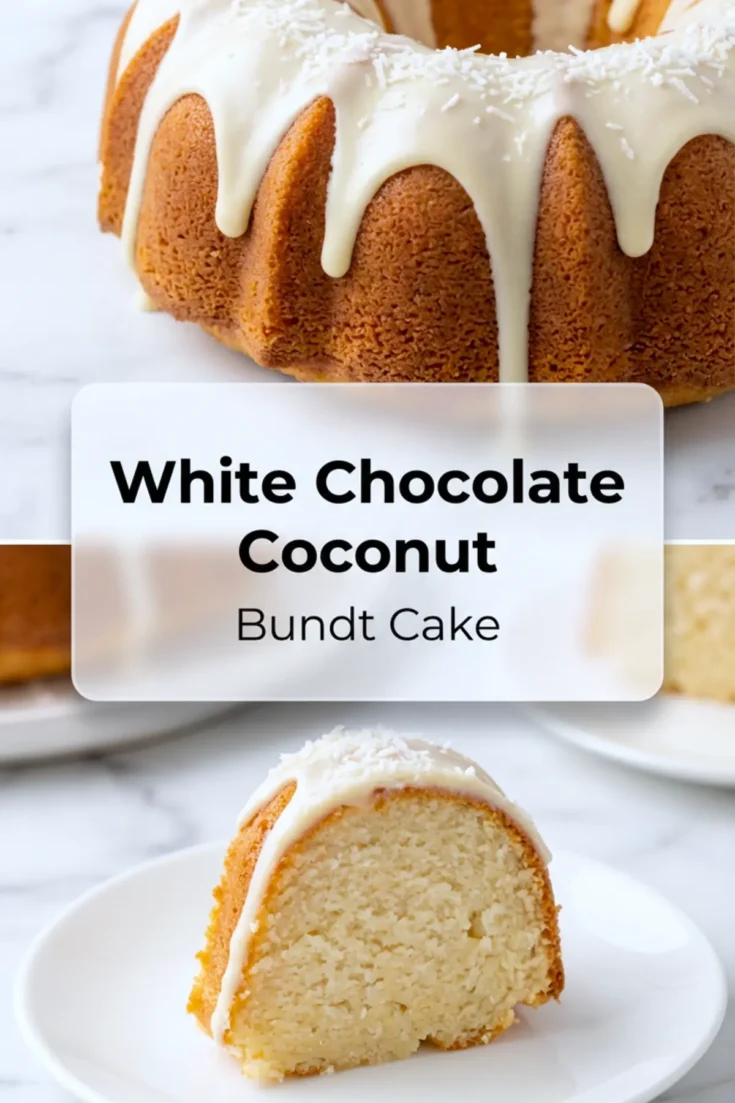 1:2 collage with a white chocolate-glazed bundt cake and a text overlay that reads “White Chocolate Coconut Bundt Cake,” followed by a detailed close-up of a sliced piece showing the cake’s soft and coconut-filled texture.