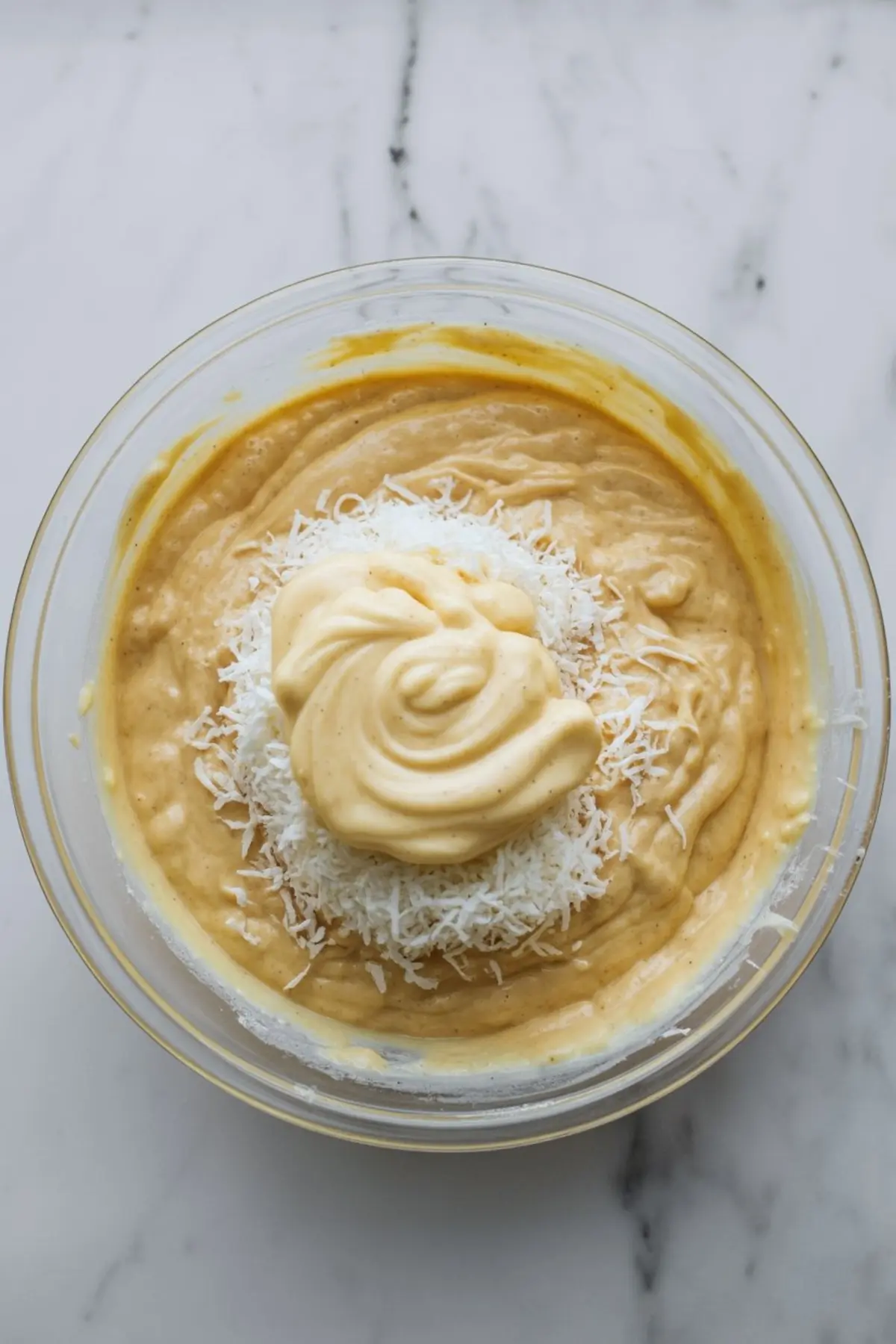 Glass bowl filled with thick yellow cake batter, topped with shredded coconut and a generous dollop of white chocolate mixture on a marble surface.
