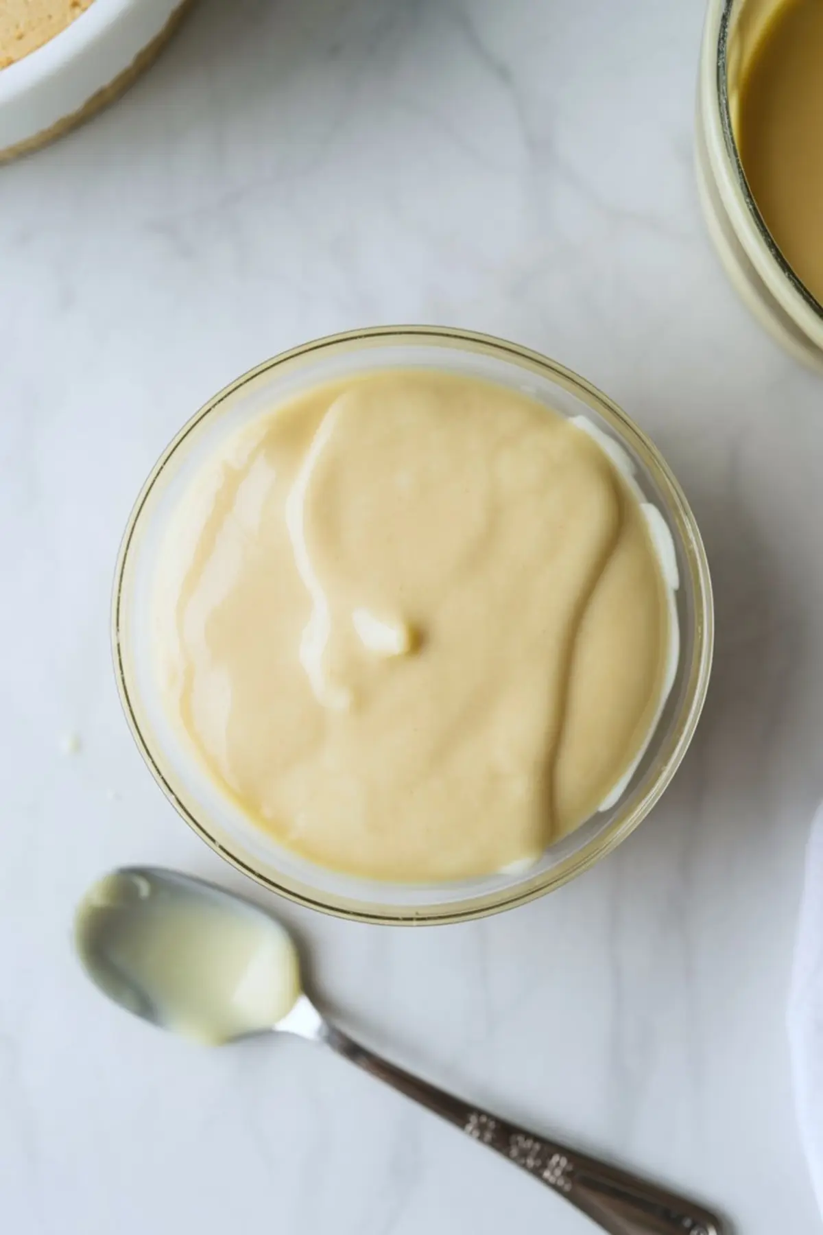 Small glass bowl of smooth white chocolate coconut glaze with a spoon nearby on a white countertop.
