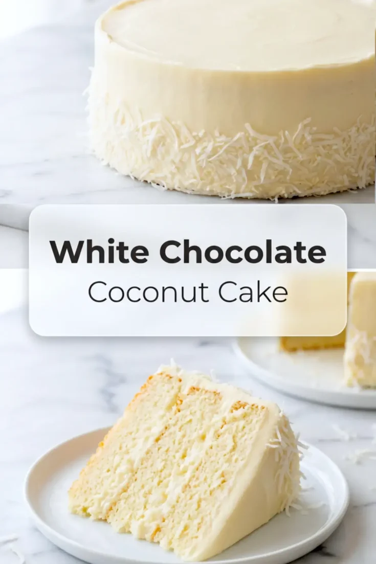 Tall collage features a smooth frosted coconut cake with shredded coconut sides and a plated cake slice, overlaid with White Chocolate Coconut Cake title text.