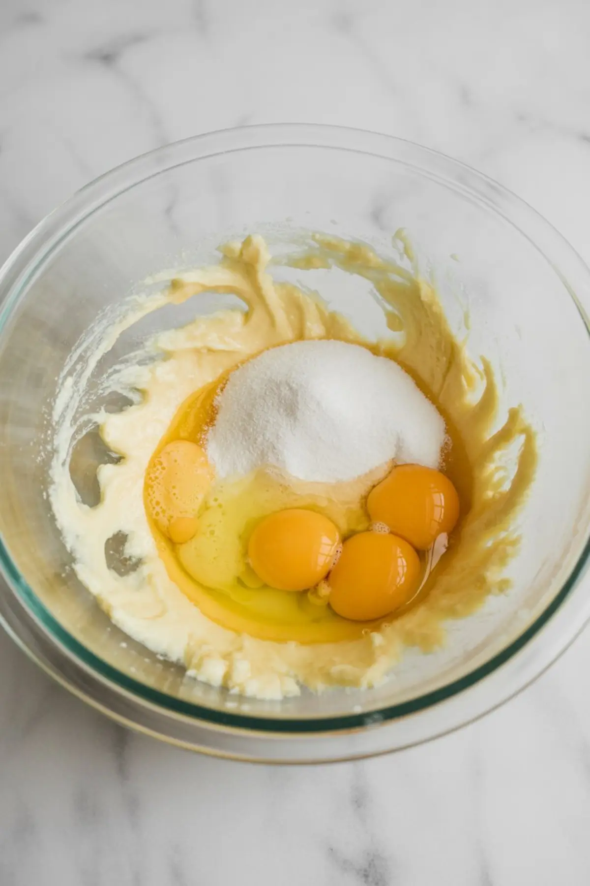 Glass mixing bowl holds softened butter, white sugar, and three raw egg yolks on a marble countertop, showing early cake batter preparation for white chocolate coconut cake.