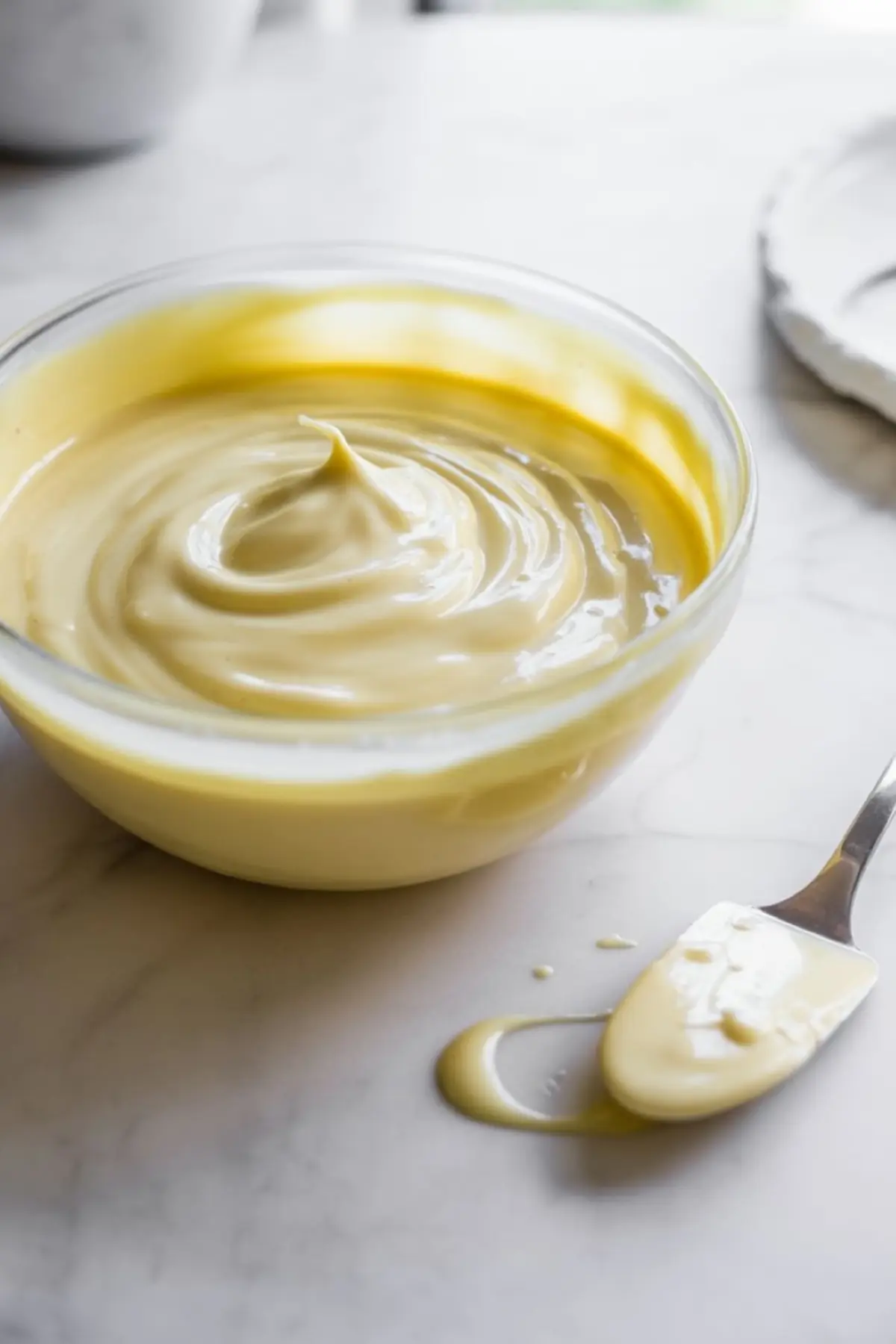 Clear glass bowl contains smooth pale yellow cake batter with a glossy swirl peak, showing whipped white chocolate cake batter texture on a light kitchen surface.