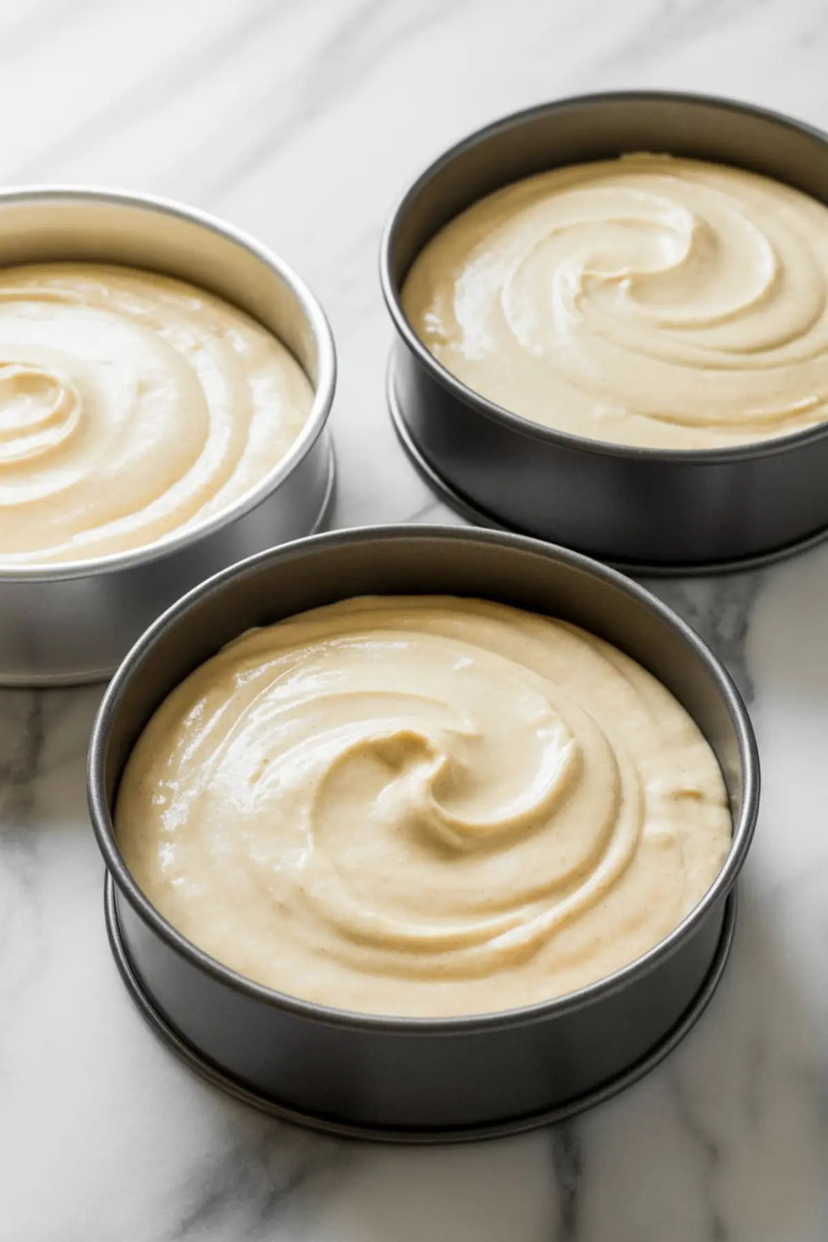 Three round cake pans are filled with evenly spread vanilla cake batter, showing unbaked layers ready for baking white chocolate coconut cake.