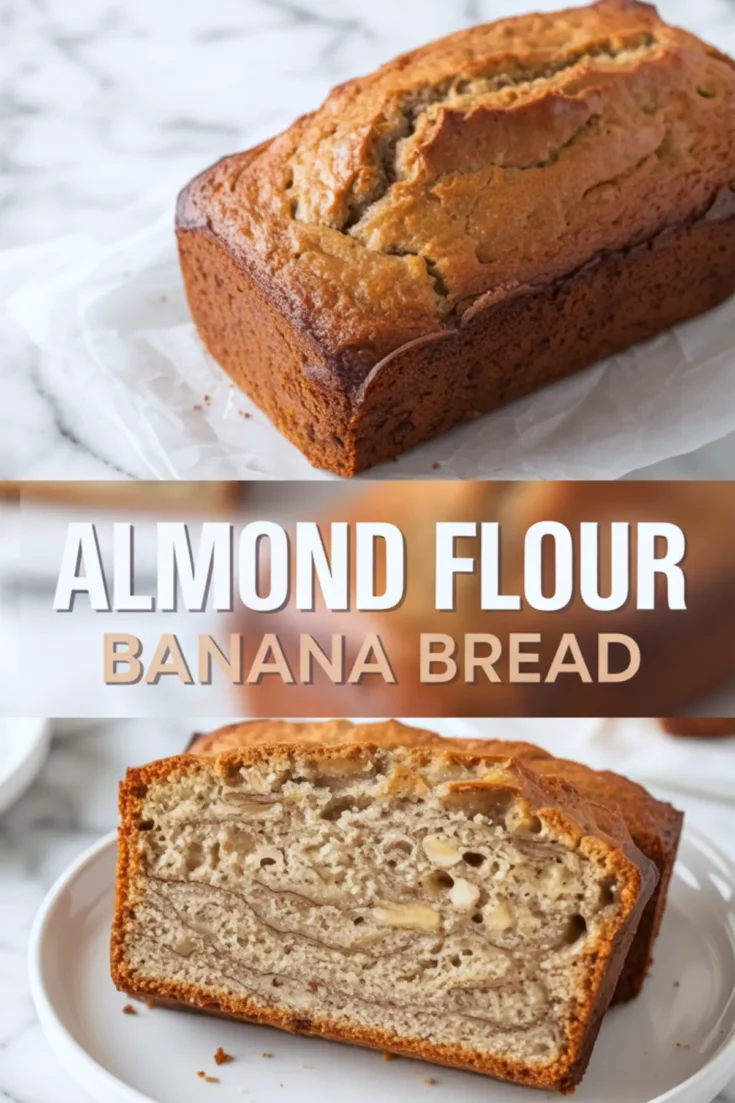 Close-up of baked almond flour banana bread loaf with a domed top and dense crumb, sliced to display swirls of banana and almond flour texture, with overlay text “Almond Flour Banana Bread.”