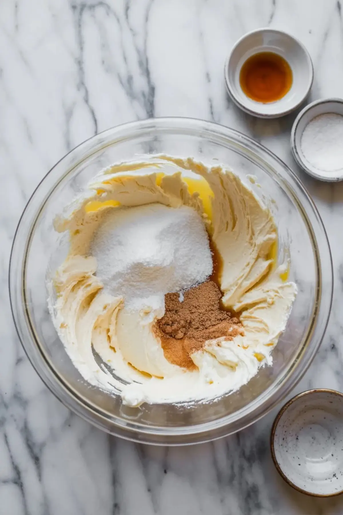 A mixing bowl with softened butter, white sugar, brown sugar, and cinnamon, ready to be blended for a spiced dessert base on a marble surface.
