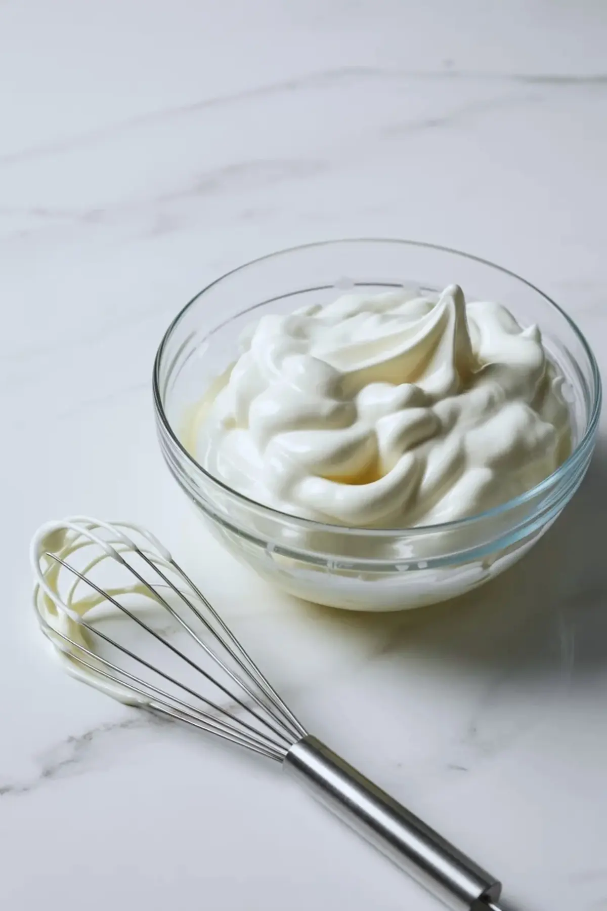 A glass bowl of freshly whipped cream with soft peaks beside a wire whisk, set on a white marble countertop.
