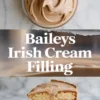 Pinterest-style collage featuring a swirled Baileys Irish Cream mousse in a bowl, bold text reading “Baileys Irish Cream Filling,” and a close-up of a moist vanilla cake slice layered with smooth Baileys cream.