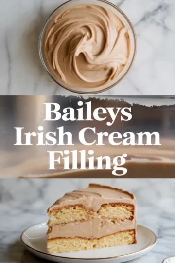 Pinterest-style collage featuring a swirled Baileys Irish Cream mousse in a bowl, bold text reading “Baileys Irish Cream Filling,” and a close-up of a moist vanilla cake slice layered with smooth Baileys cream.