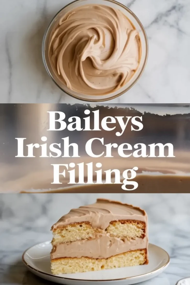 Pinterest-style collage featuring a swirled Baileys Irish Cream mousse in a bowl, bold text reading “Baileys Irish Cream Filling,” and a close-up of a moist vanilla cake slice layered with smooth Baileys cream.