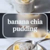 Banana chia pudding fills a clear glass and is topped with fresh banana slices, creamy chia seed pudding texture visible through the glass, healthy breakfast jar on white marble background.