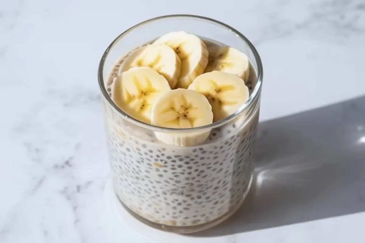 Spoon holds a thick scoop of banana chia pudding with visible chia seeds above a glass cup on a white plate, banana slices rest inside the pudding, showing rich and creamy breakfast texture.