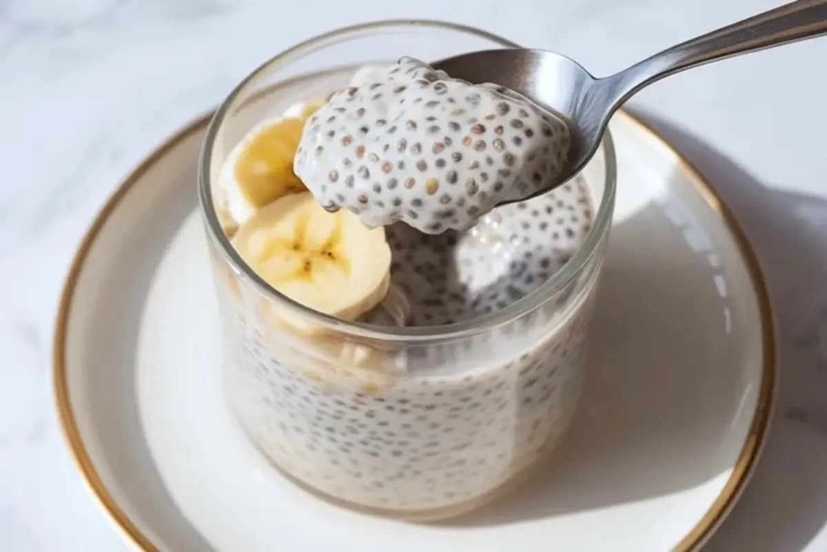 Clear glass cup filled with banana chia pudding and topped with fresh banana slices sits on a marble surface, natural light highlights the creamy consistency and evenly distributed chia seeds.