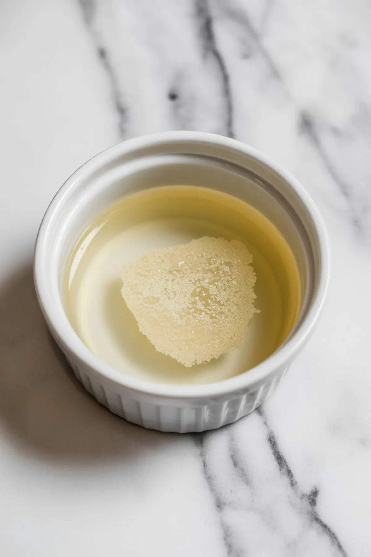 Small white ramekin containing bloomed gelatin in liquid, placed on a white marble surface.

