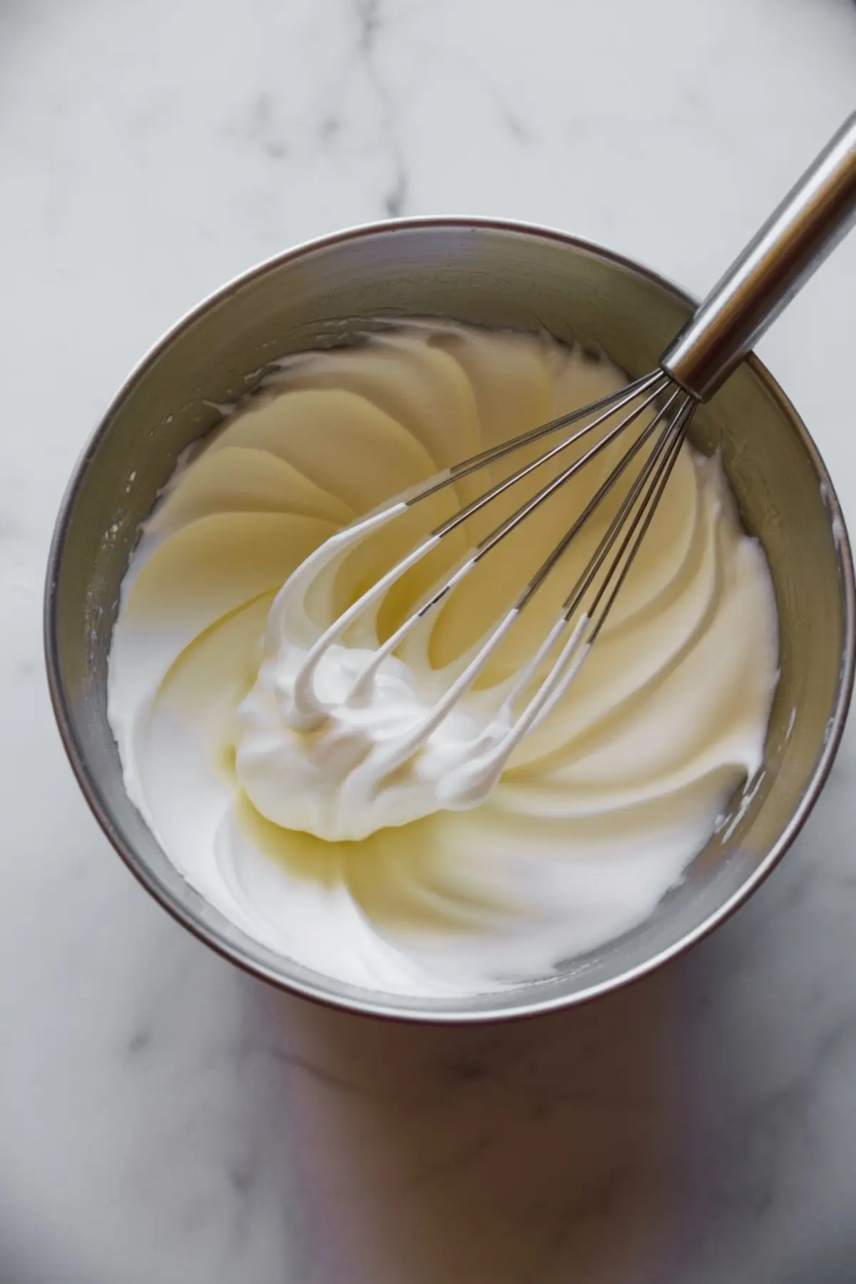Metal mixing bowl with whipped cream and a balloon whisk resting on the side, showing soft peaks.
