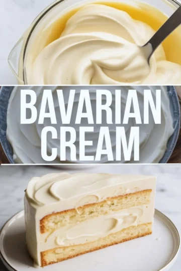 Vertical collage showing Bavarian cream in a glass bowl with a spoon, title “BAVARIAN CREAM,” and a layered cake slice with swirls of cream between fluffy cake layers.