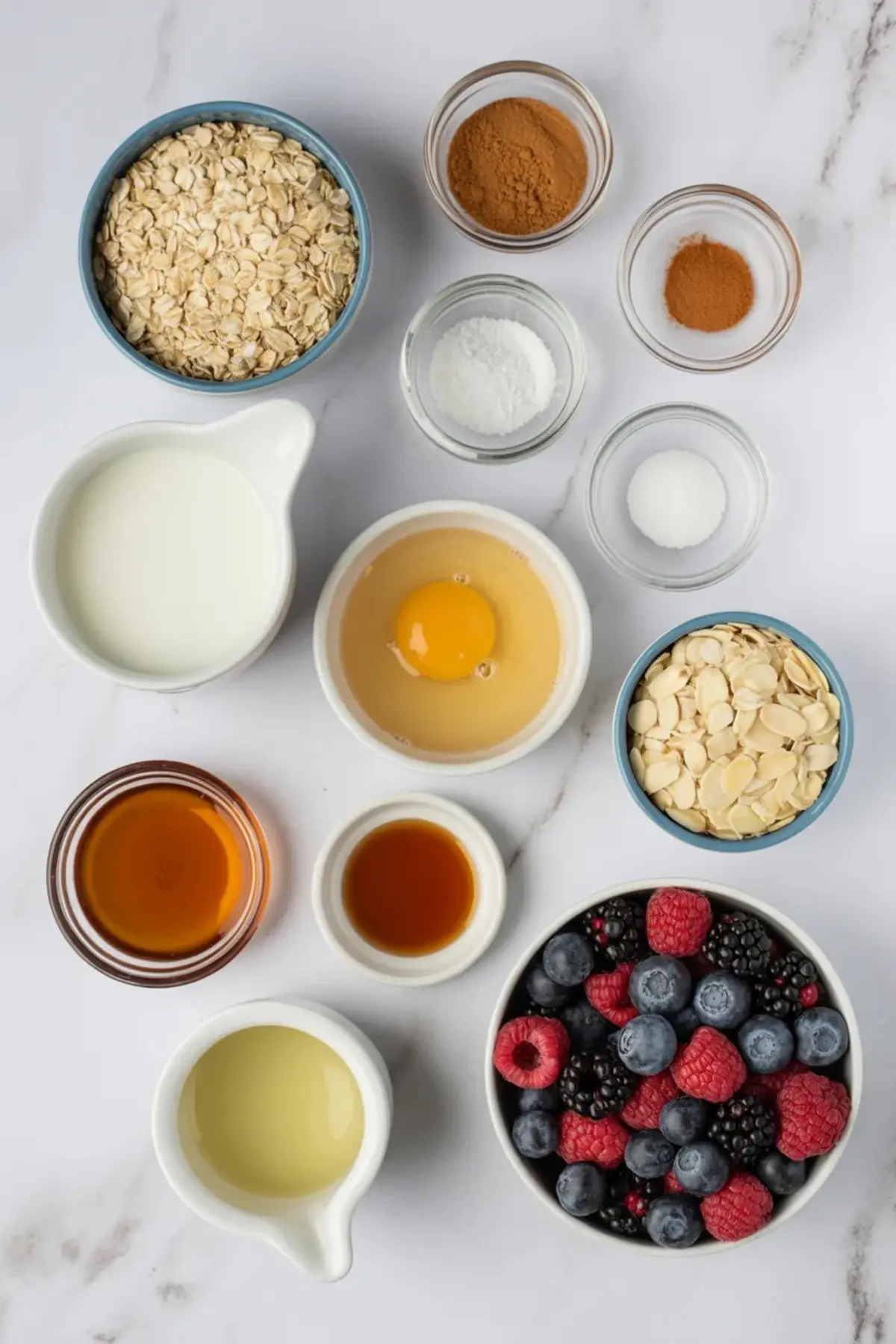 Overhead view of baked oatmeal ingredients arranged on marble surface with rolled oats, mixed berries, sliced almonds, egg, milk, maple syrup, oil, vanilla extract, cinnamon, baking powder, and salt in small bowls for easy breakfast meal prep.
