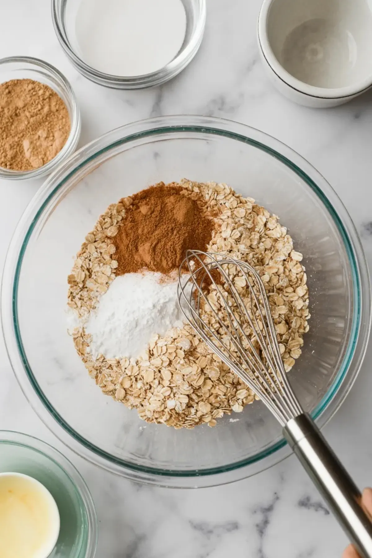 Rolled oats, cinnamon, and baking powder sit in a clear glass bowl with a whisk. Dry ingredients mix for healthy baked oatmeal with berries and nuts.
