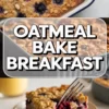 Blueberry baked oatmeal in a white casserole dish above a close up slice on a plate with a fork. Text overlay reads OATMEAL BAKE BREAKFAST. Golden oats bake with mixed berries and walnuts for a healthy make ahead breakfast casserole.