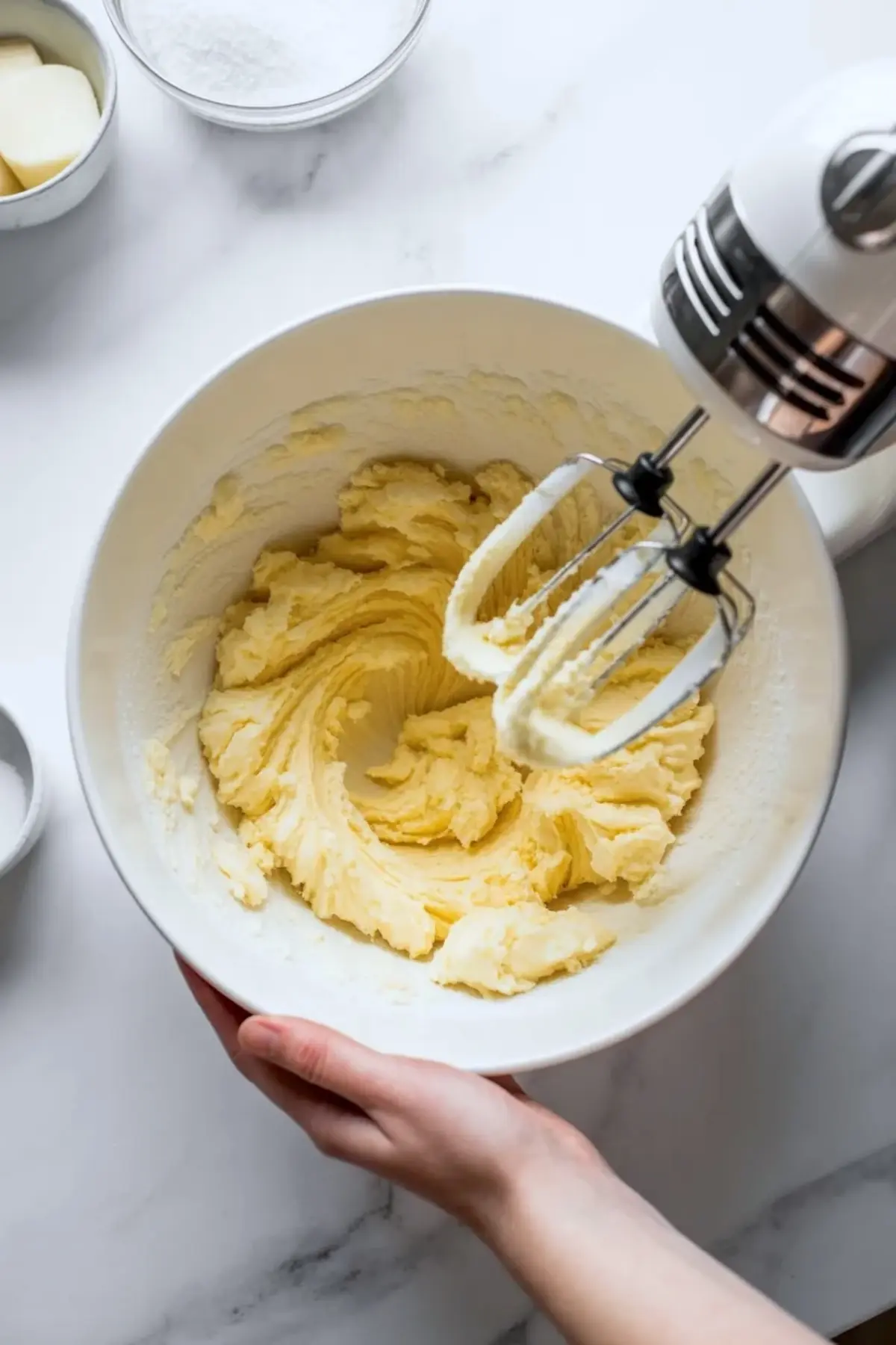 Hand holds white mixing bowl with creamed butter and sugar while electric hand mixer beats smooth pale yellow batter on marble countertop, baking process close up, homemade cake recipe preparation.
