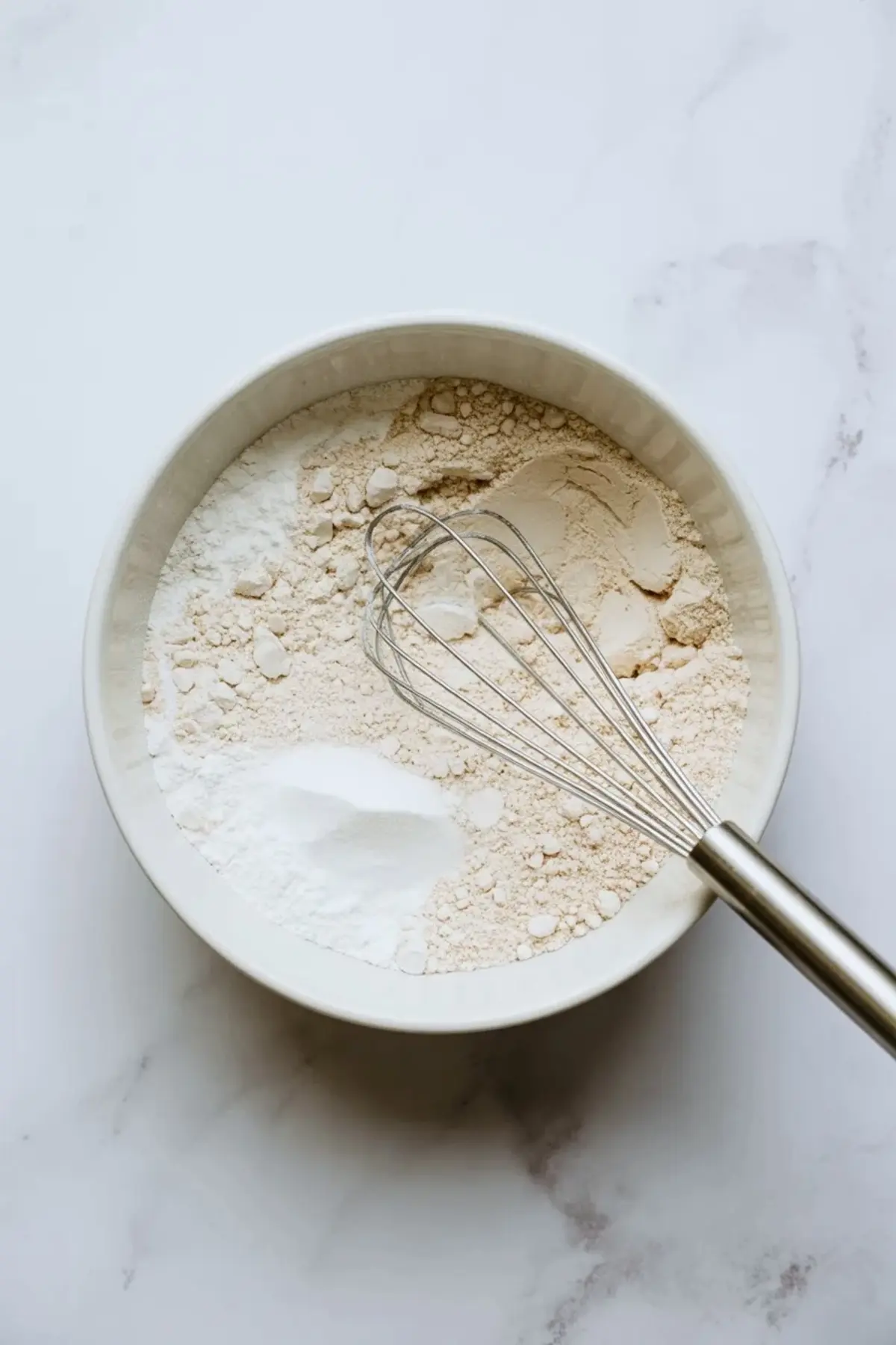 White bowl holds flour mixture with baking powder and sugar while metal whisk rests inside, dry ingredients for coffee cake recipe on marble countertop, step by step baking preparation.
