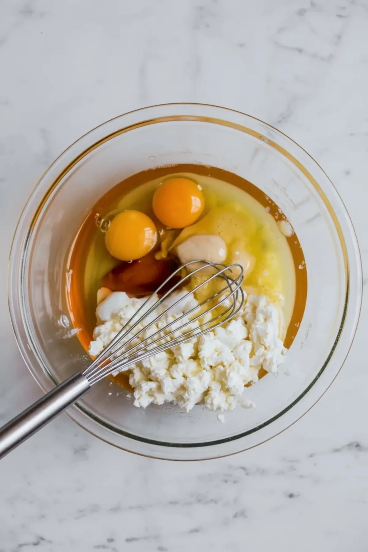 Glass mixing bowl holds eggs, cottage cheese, maple syrup, vanilla extract, and a whisk on a white marble surface. Ingredients sit unmixed in a clear bowl for a high protein breakfast bake recipe.