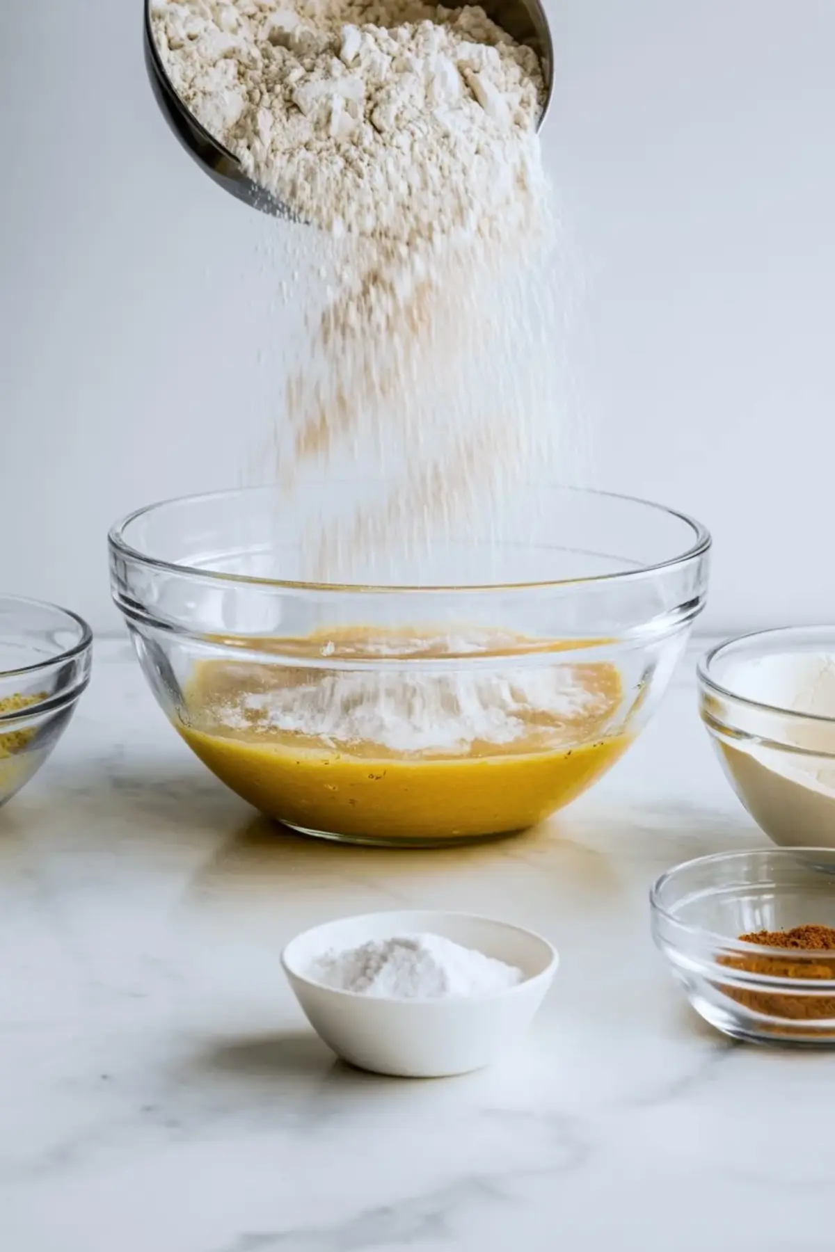 Flour pours from a metal measuring cup into a glass bowl of yellow batter on a marble countertop. Small bowls of baking powder, sugar, and spices surround the bowl for blueberry cottage cheese breakfast bake preparation.
