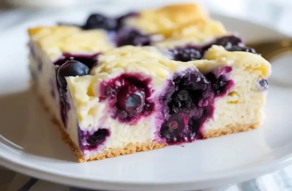 Square slice of blueberry cottage cheese breakfast bake sits on a white plate. Juicy blueberries create purple swirls inside a creamy baked custard layer over a golden crust.