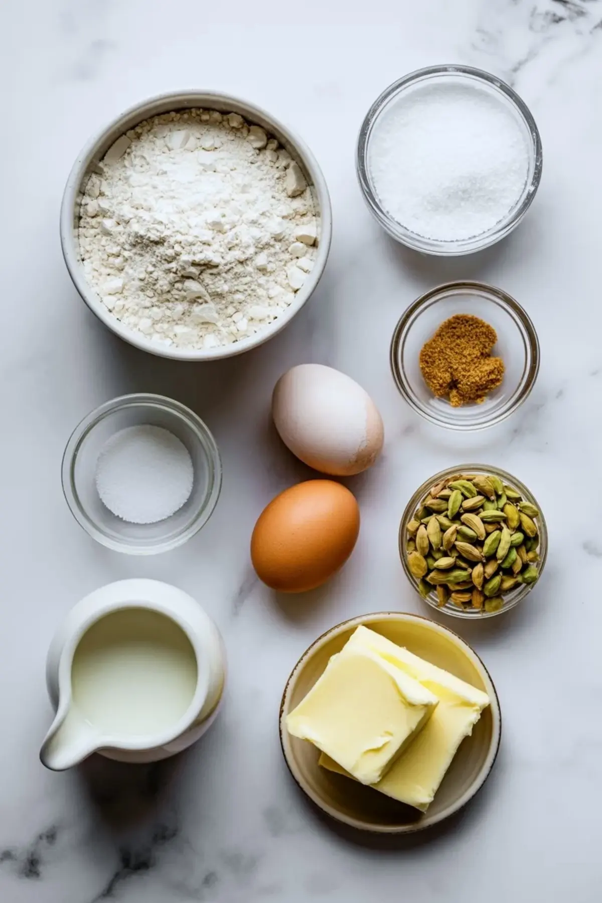 Measured baking ingredients sit on a marble surface, including flour, granulated sugar, eggs, milk, butter, cardamom, and salt. The arrangement shows components for homemade cardamom bread, sweet yeast dough, and spring baking recipes.
