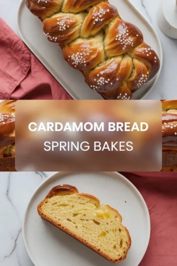 Braided cardamom bread loaf appears on a white platter with pearl sugar topping, with a sliced piece shown on a plate below. The image includes a soft blurred text overlay that reads “Cardamom Bread Spring Bakes,” highlighting glossy crust and tender crumb.