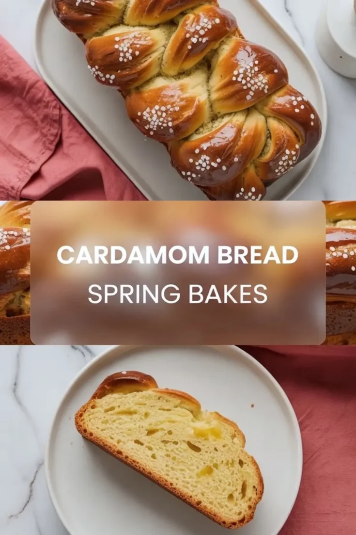 Braided cardamom bread loaf appears on a white platter with pearl sugar topping, with a sliced piece shown on a plate below. The image includes a soft blurred text overlay that reads “Cardamom Bread Spring Bakes,” highlighting glossy crust and tender crumb.