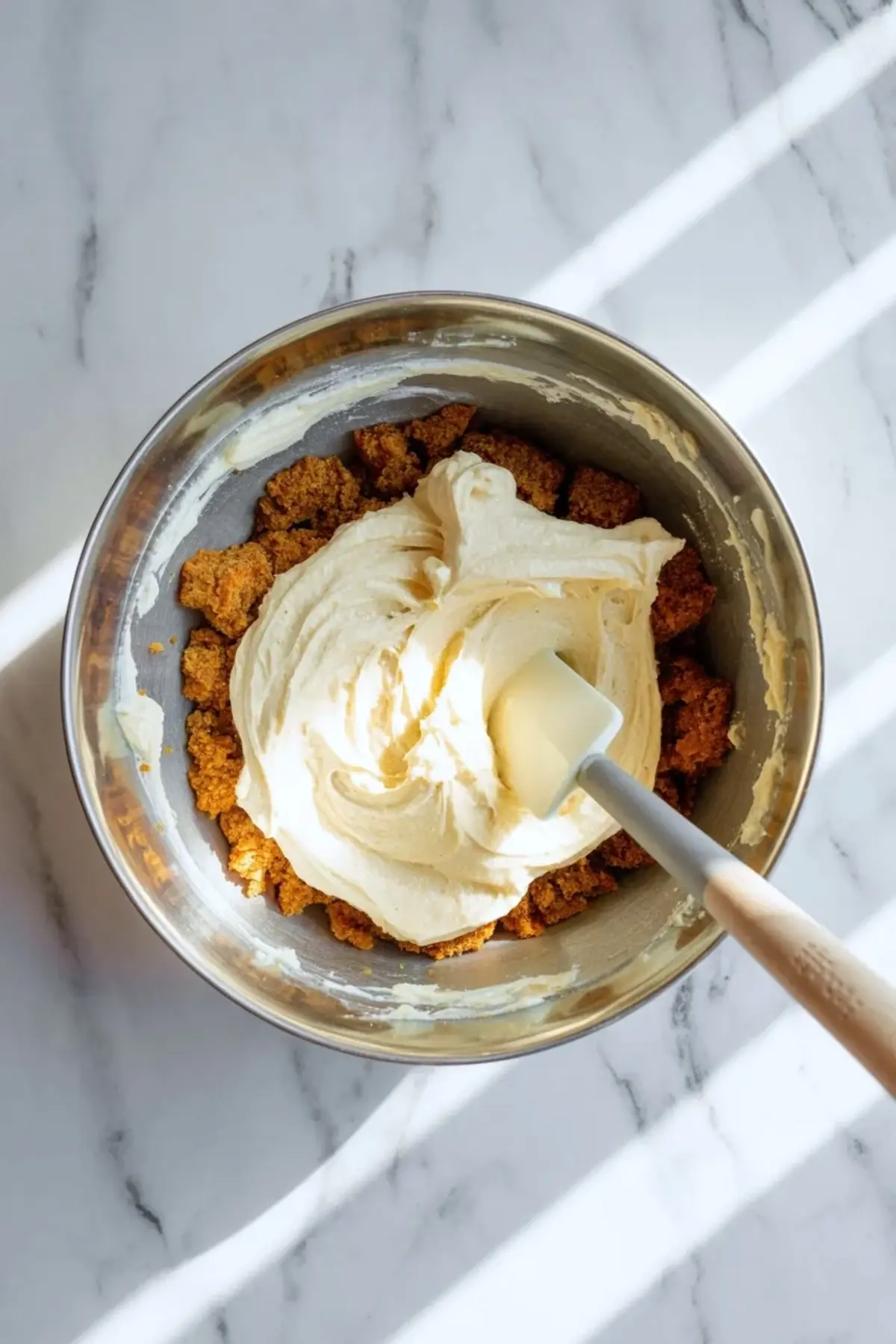 Stainless steel mixing bowl filled with crumbled carrot cake and a large dollop of cream cheese frosting being folded together using a spatula on a marble surface.
