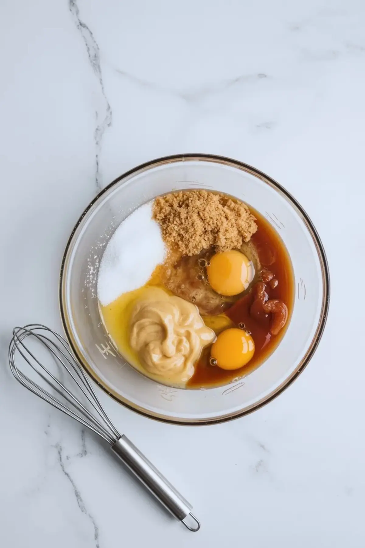 Glass mixing bowl with raw ingredients for carrot cake including brown sugar, white sugar, eggs, vanilla extract, yogurt, and oil, with a metal whisk resting nearby.
