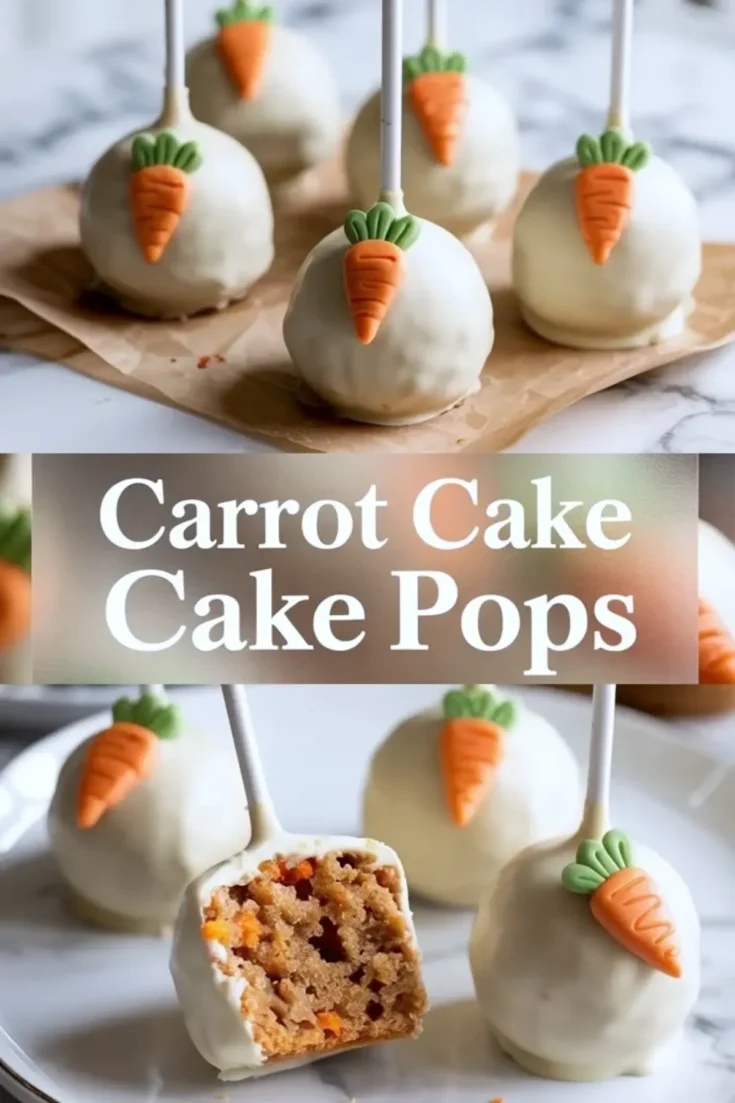 Vertical collage with carrot-themed cake pops on parchment paper, a center label reading “Carrot Cake Cake Pops,” and a close-up of a sliced pop exposing moist carrot cake with chopped nuts and vibrant orange pieces.