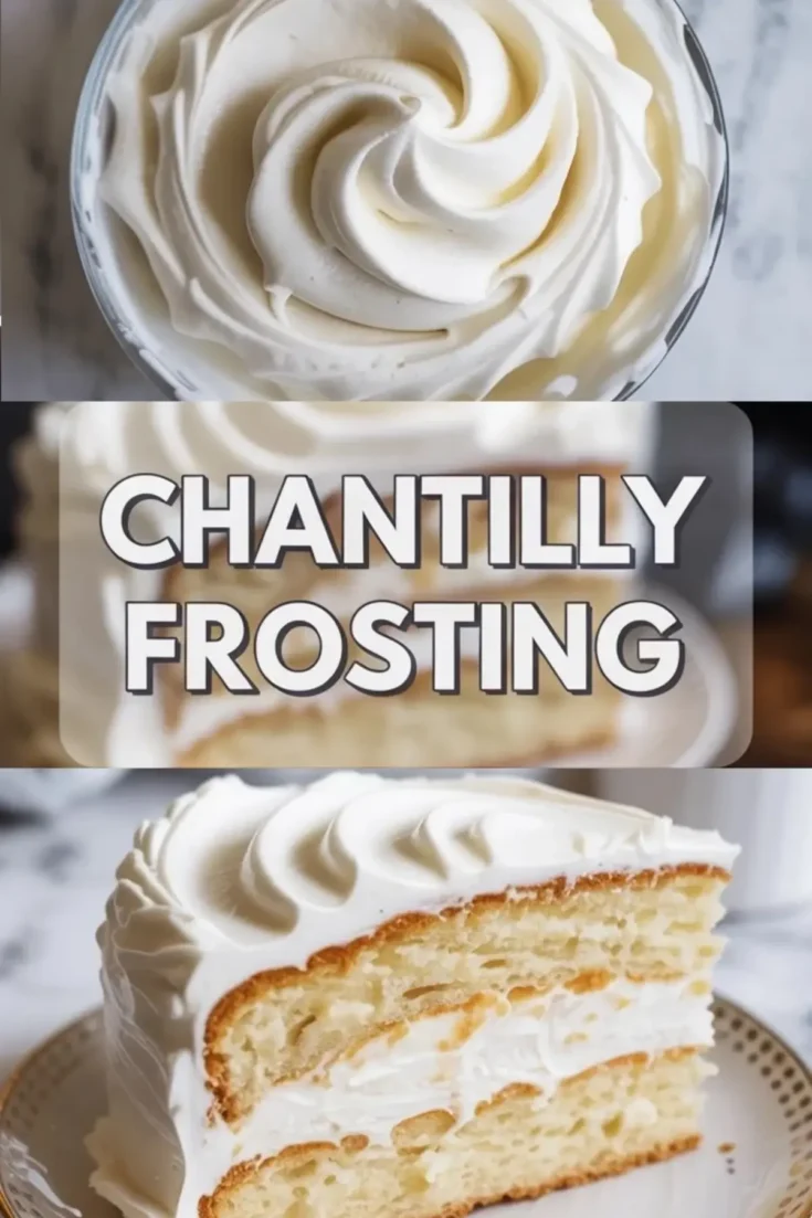 Top view of a swirl of Chantilly frosting in a glass bowl, followed by a text overlay reading “Chantilly Frosting,” and a close-up slice of vanilla cake filled and frosted with whipped Chantilly cream.
