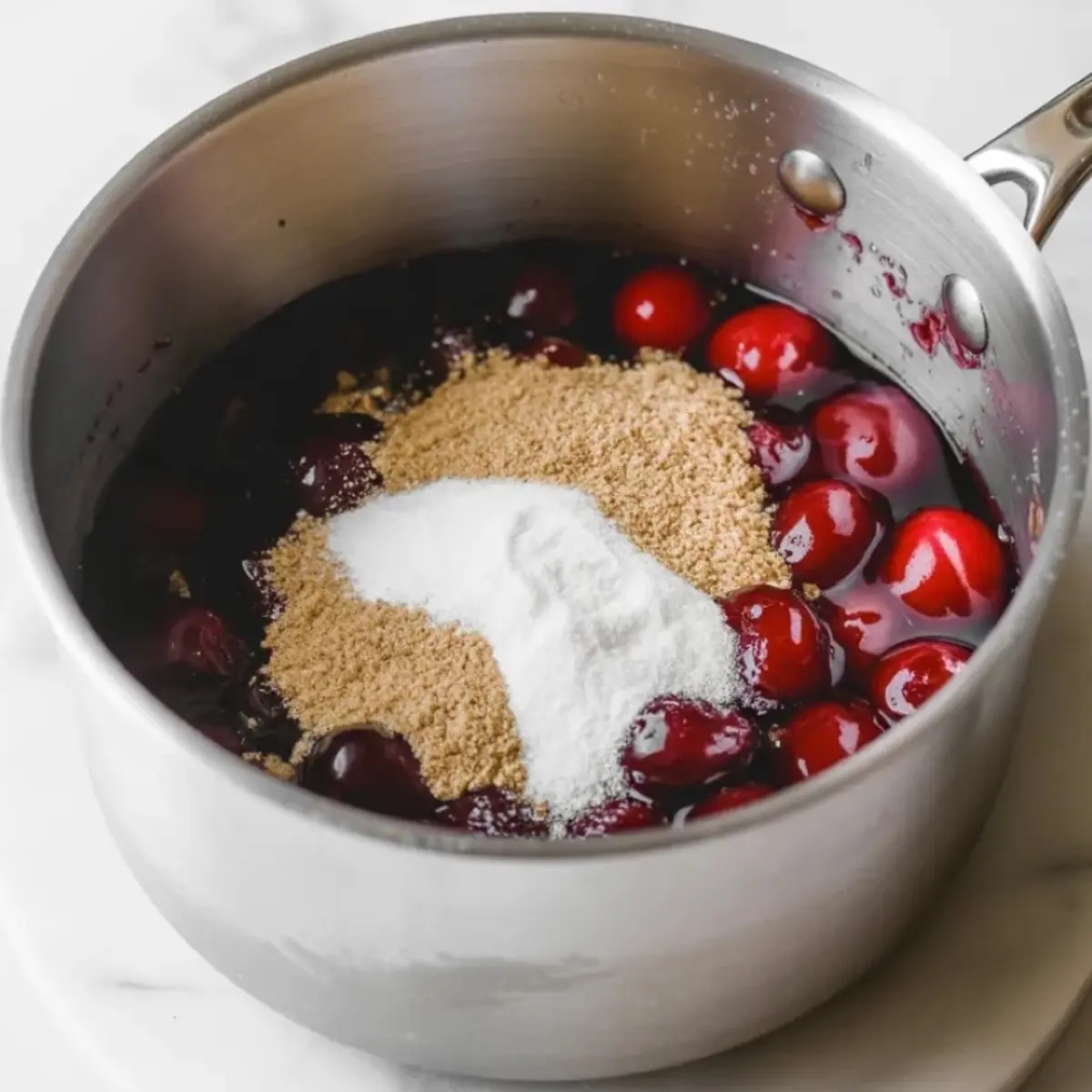 Stainless steel saucepan holds fresh cherries, granulated sugar, brown sugar, and liquid on a marble countertop. The ingredients sit together before cooking to make homemade cherry pie filling.