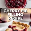 Top view shows a bowl of glossy cherry pie filling with whole cherries in bright red syrup. Bottom view shows a slice of cherry pie with golden flaky crust and thick cherry filling on a white plate. Text overlay reads “Cherry Pie Filling Recipe.”