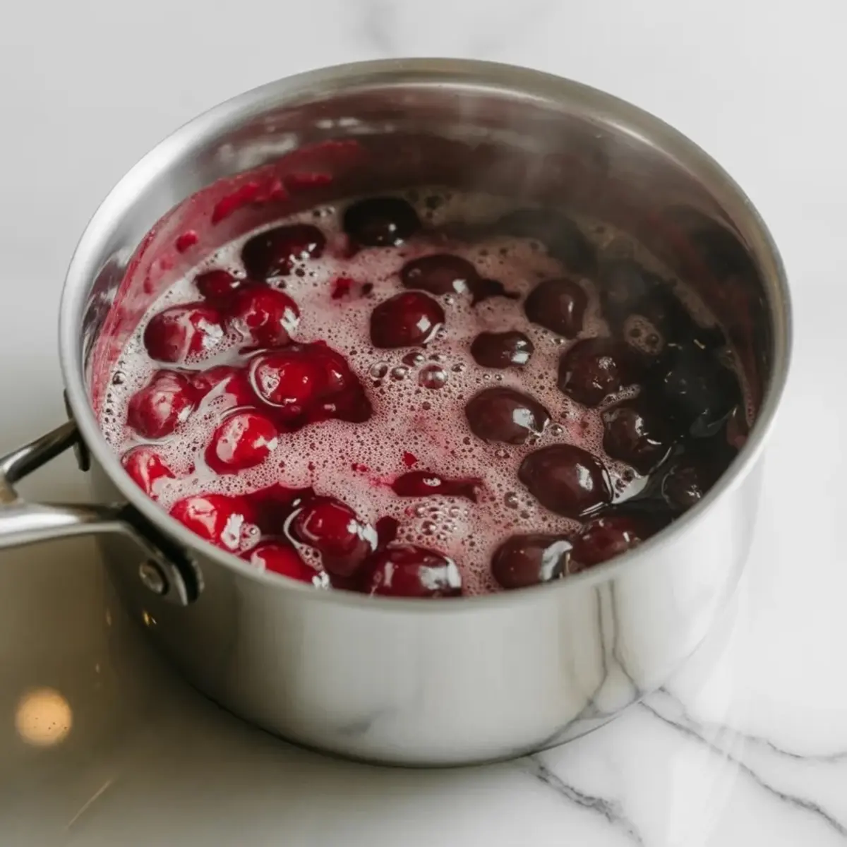 Saucepan holds cherries simmering in red liquid with foam forming on top. The fruit cooks down to create thick homemade cherry pie filling.