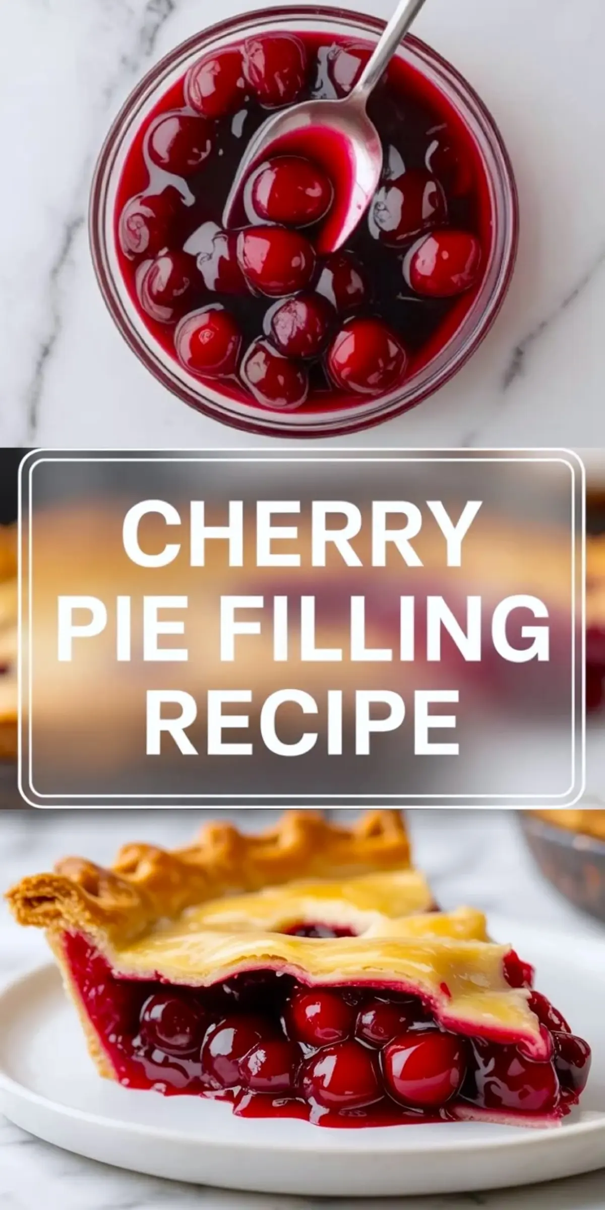 Top view shows a spoon lifting whole cherries from a bowl of bright red cherry pie filling. Bottom view shows a slice of cherry pie with golden crust and rich cherry filling on a white plate. Text overlay reads “Cherry Pie Filling Recipe.”