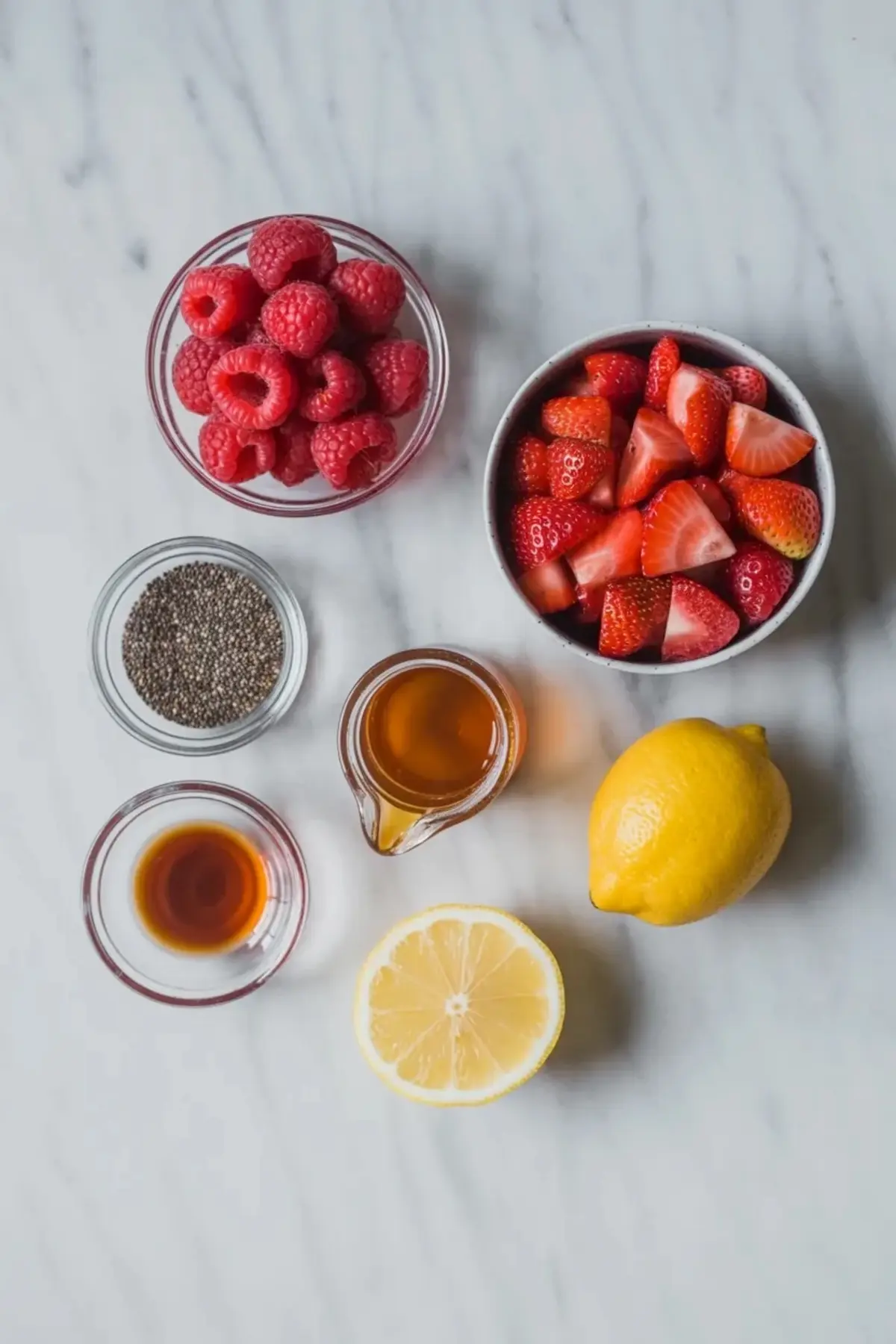 Flat lay of fresh chia jam ingredients on a marble surface, including whole raspberries, chopped strawberries, chia seeds, maple syrup, vanilla extract, and lemon, arranged in glass bowls and jars.
