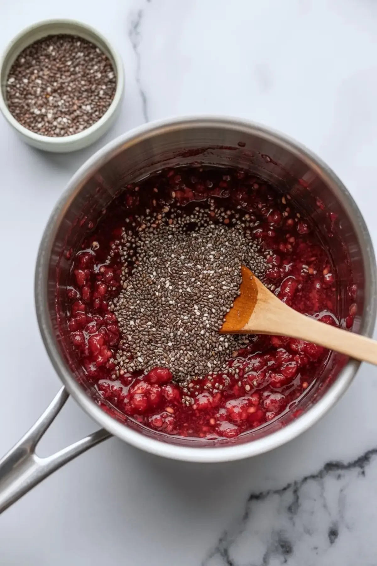 Overhead view of a saucepan filled with mashed berries and chia seeds, with a wooden spoon resting in the mixture and an extra bowl of chia seeds in the background on a white marble countertop.
