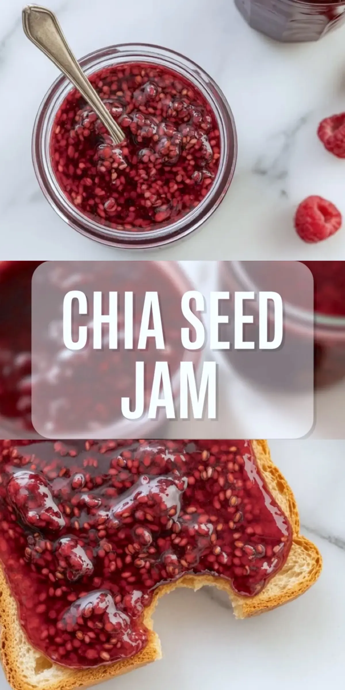 Two-part collage showing raspberry chia jam in a glass jar with a spoon and spread on a slice of toast with a bite taken, featuring visible chia seeds in a thick, glossy texture.
