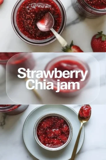 Three-image collage showcasing strawberry chia jam in a jar, bold text overlay saying “Strawberry Chia Jam,” and a bowl of jam with a gold spoon, placed on a white plate with fresh strawberries nearby.